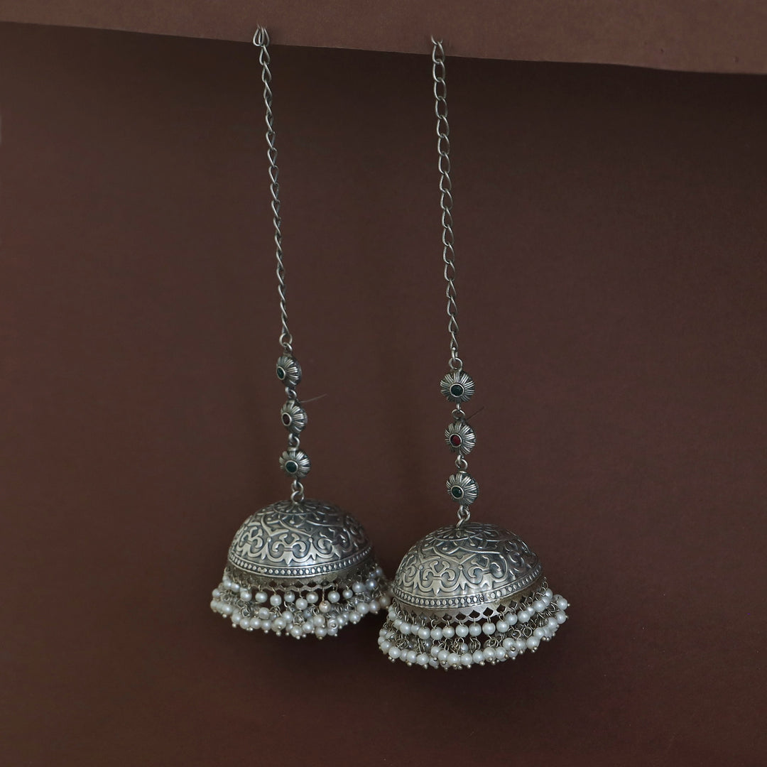 Jaheel Tri Flower Cluster Pearl Jhumka With Ear Chain