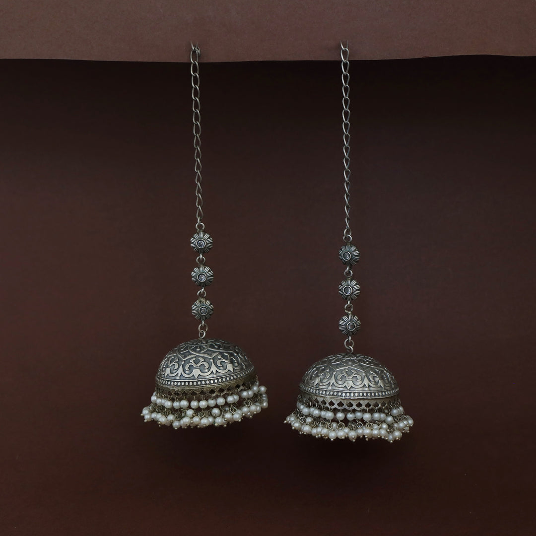 Jaheel Tri Flower Cluster Pearl Jhumka With Ear Chain