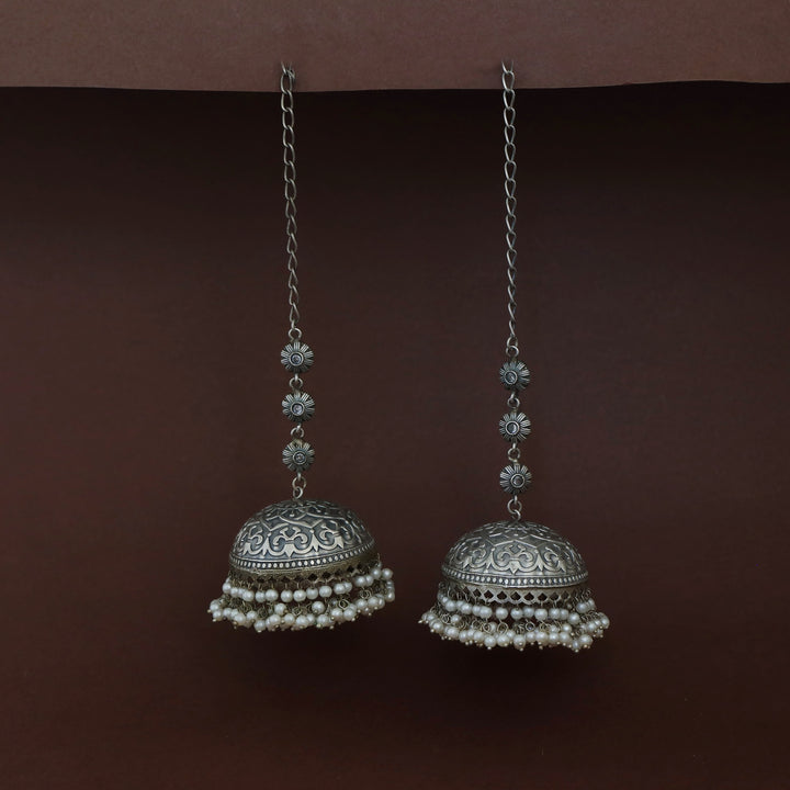 Jaheel Tri Flower Cluster Pearl Jhumka With Ear Chain
