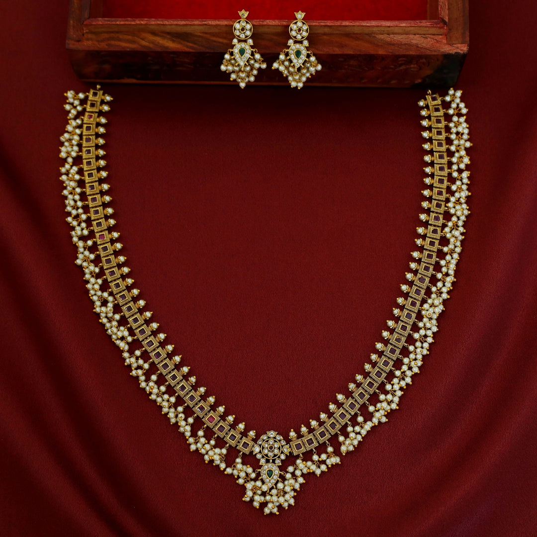Premium Akanshi Pearl Bridal Long Neckpiece With Earring