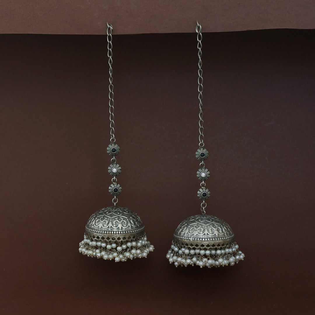 Jaheel Tri Flower Cluster Pearl Jhumka With Ear Chain