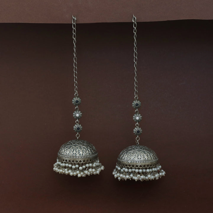 Jaheel Tri Flower Cluster Pearl Jhumka With Ear Chain