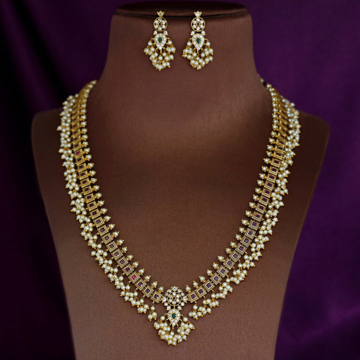 Premium Akanshi Pearl Bridal Long Neckpiece With Earring
