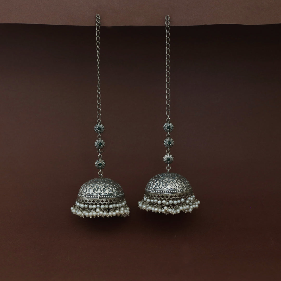 Jaheel Tri Flower Cluster Pearl Jhumka With Ear Chain