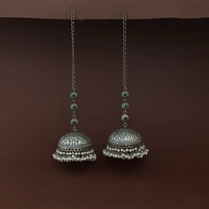 Jaheel Tri Flower Cluster Pearl Jhumka With Ear Chain