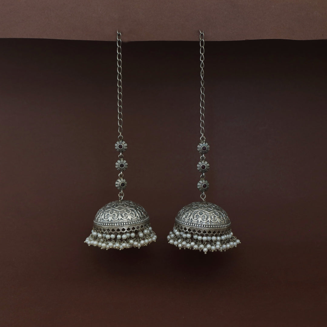 Jaheel Tri Flower Cluster Pearl Jhumka With Ear Chain