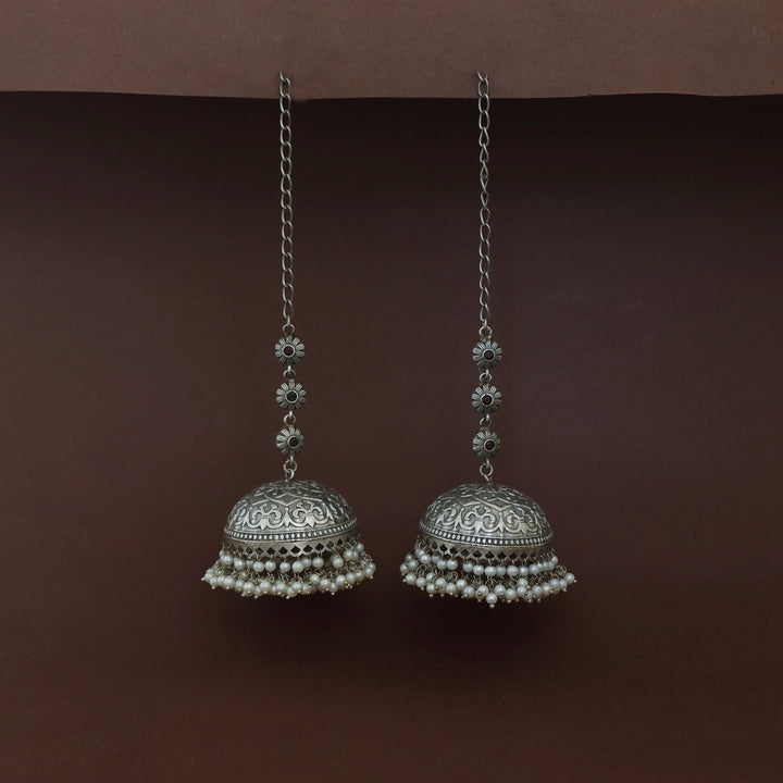 Jaheel Tri Flower Cluster Pearl Jhumka With Ear Chain