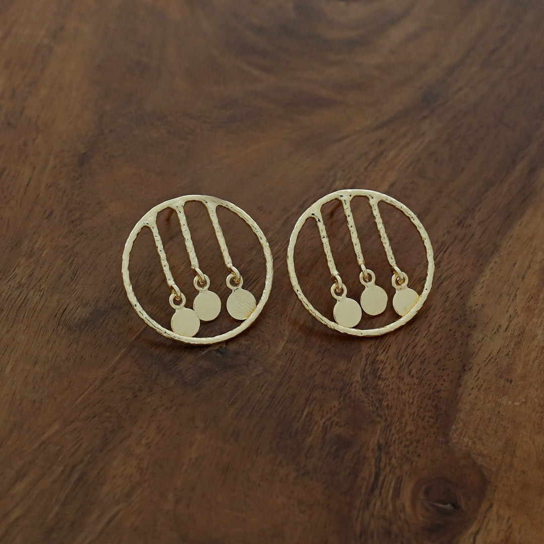 Golden Textured Circle And Tri Stem Coin Earring