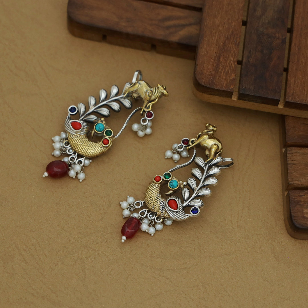 Iksha Mayura & Cow Beaded Pearl Earring / Ear-Cuff (Set Of 2)