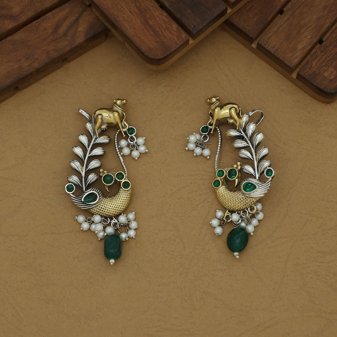 Iksha Mayura & Cow Beaded Pearl Earring / Ear-Cuff (Set Of 2)