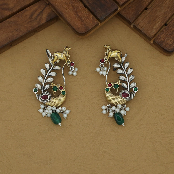 Iksha Mayura & Cow Beaded Pearl Earring / Ear-Cuff (Set Of 2)