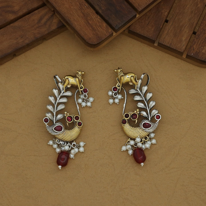 Iksha Mayura & Cow Beaded Pearl Earring / Ear-Cuff (Set Of 2)