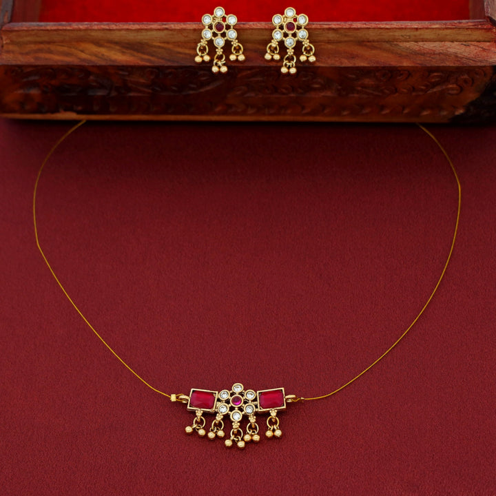 Priksha Floral Golden Beads String Neckpiece With Earring