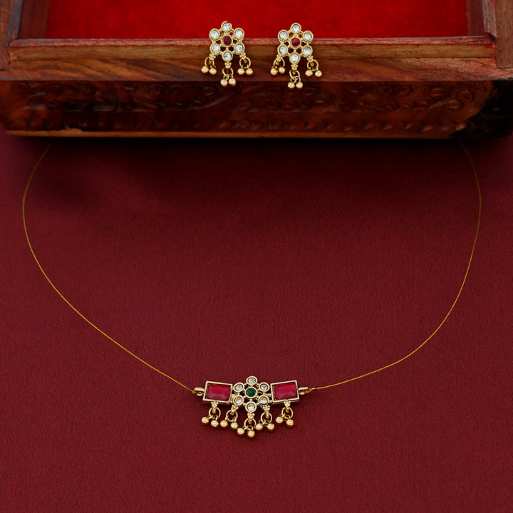 Priksha Floral Golden Beads String Neckpiece With Earring