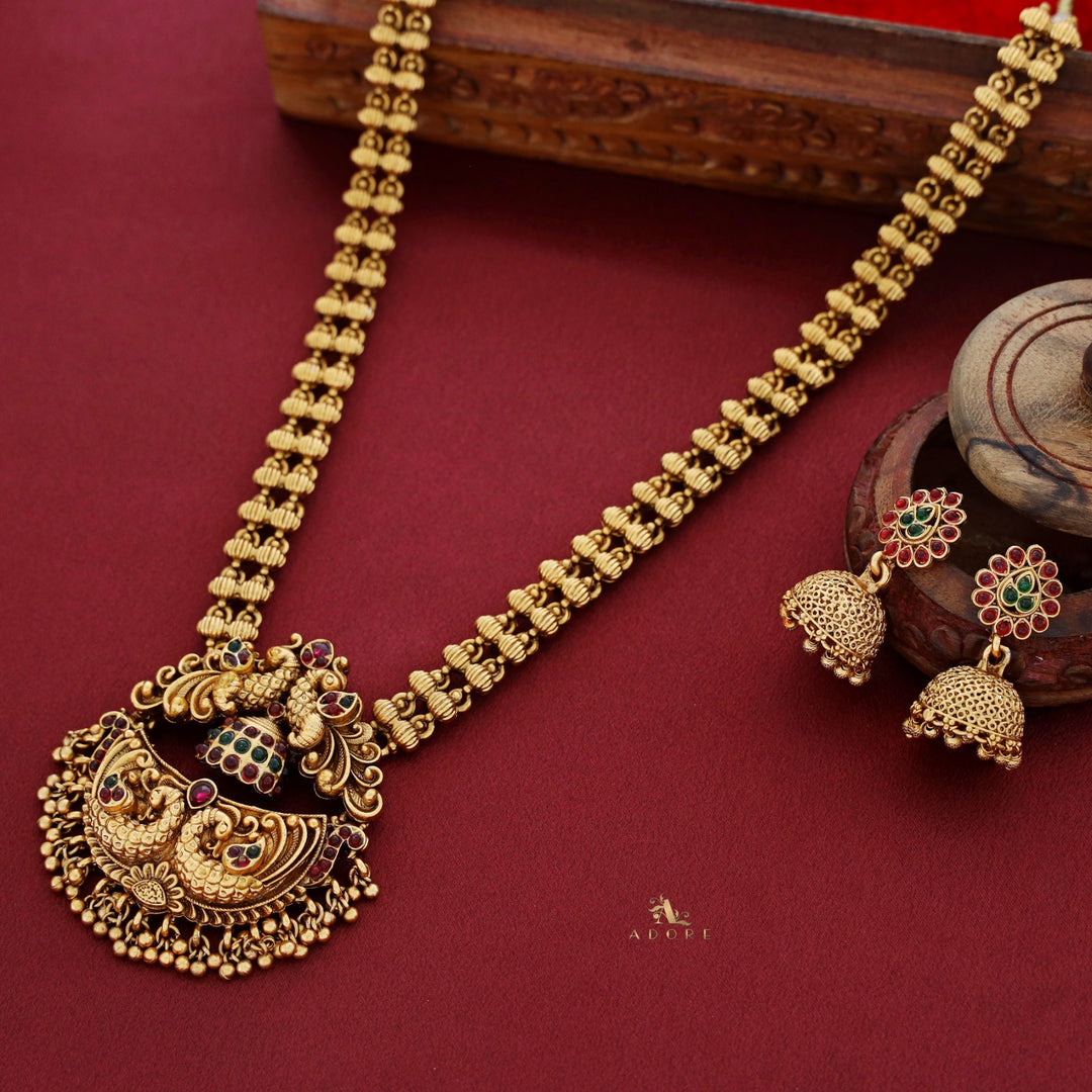 Lasya Peacock Ball Pendant Long Neckpiece With Earring