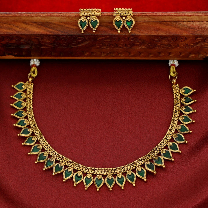 Nishani Enamel Palakka Short Neckpiece With Earring