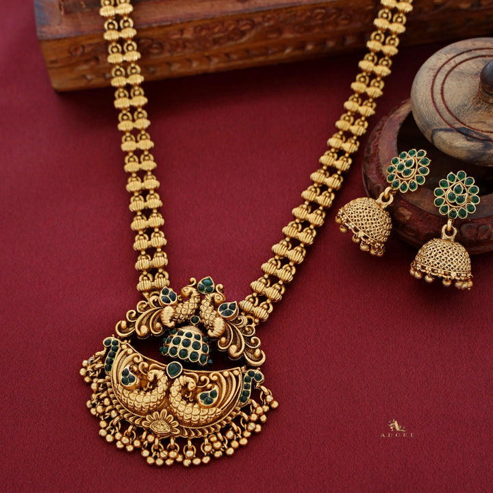 Lasya Peacock Ball Pendant Long Neckpiece With Earring