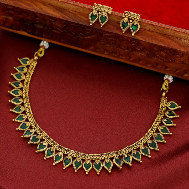 Nishani Enamel Palakka Short Neckpiece With Earring