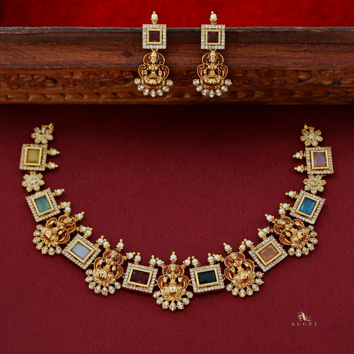 Aiswaryalekshmi Golden Stoned Rectangular Neckpiece With Earring