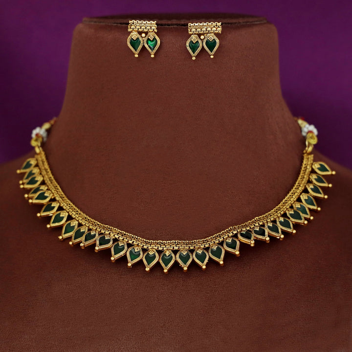 Nishani Enamel Palakka Short Neckpiece With Earring