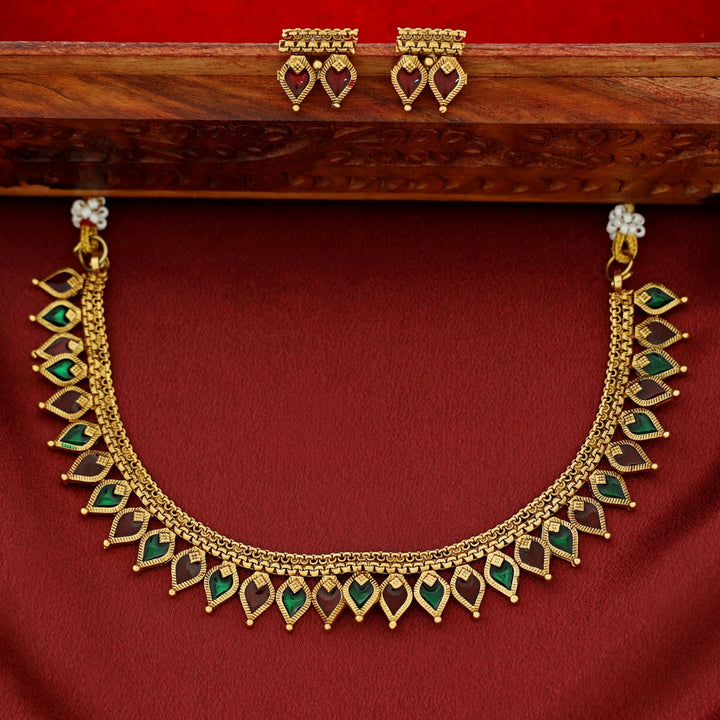 Nishani Enamel Palakka Short Neckpiece With Earring