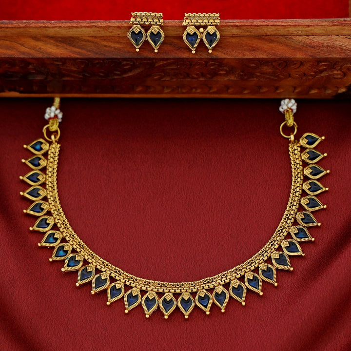 Nishani Enamel Palakka Short Neckpiece With Earring