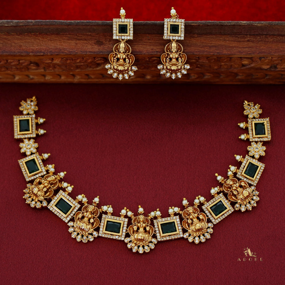 Aiswaryalekshmi Golden Stoned Rectangular Neckpiece With Earring