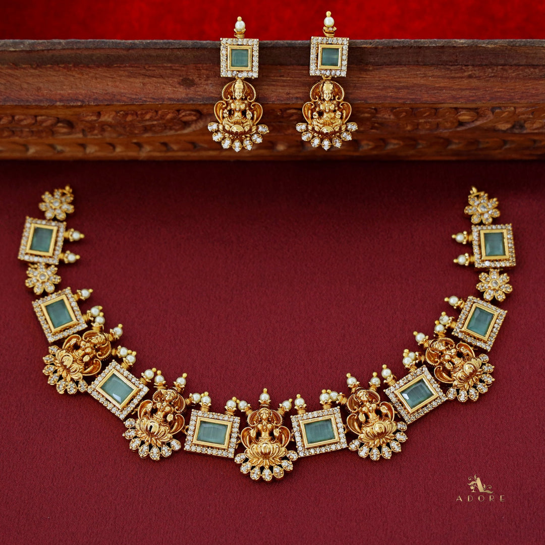 Aiswaryalekshmi Golden Stoned Rectangular Neckpiece With Earring