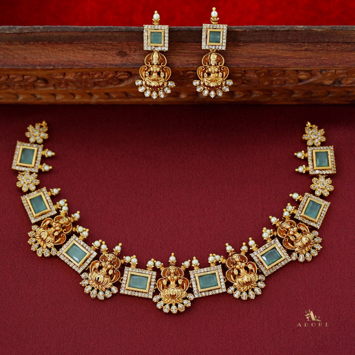 Aiswaryalekshmi Golden Stoned Rectangular Neckpiece With Earring