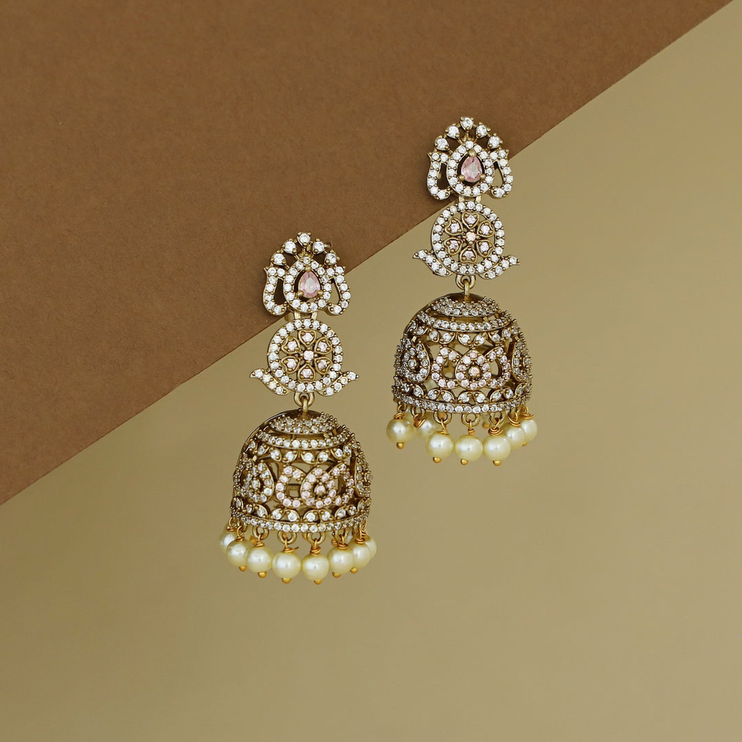 Kanyavi AD Stone Floral Pearl Jhumka