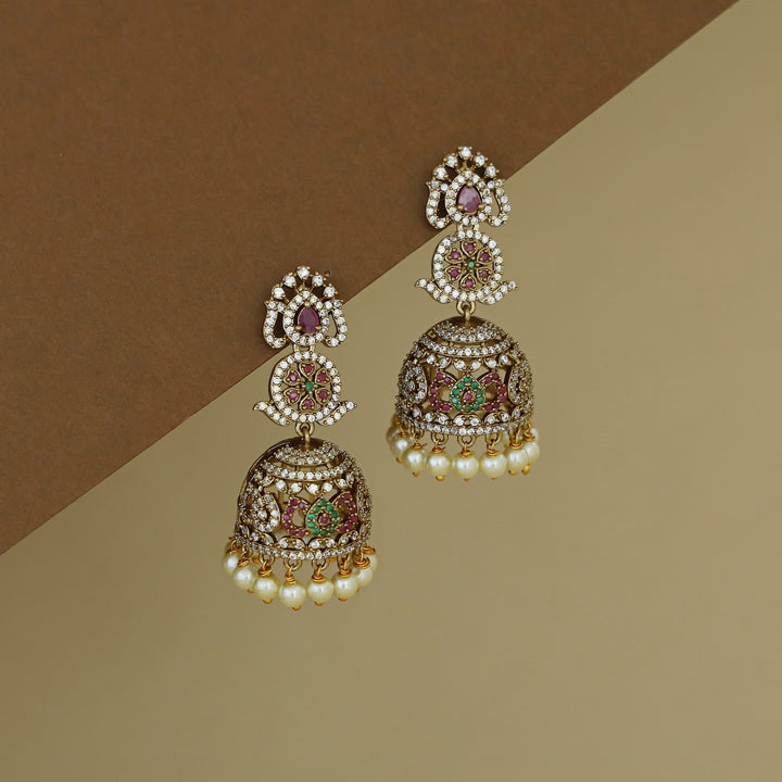 Kanyavi AD Stone Floral Pearl Jhumka