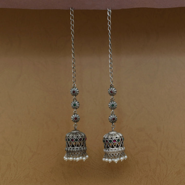 Janessa Tri Flower Pearl Jhumka With Ear Chain