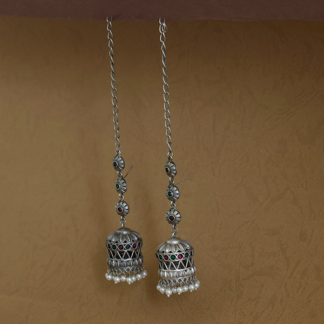 Janessa Tri Flower Pearl Jhumka With Ear Chain