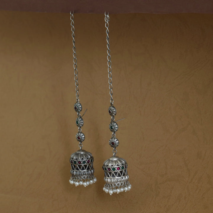 Janessa Tri Flower Pearl Jhumka With Ear Chain