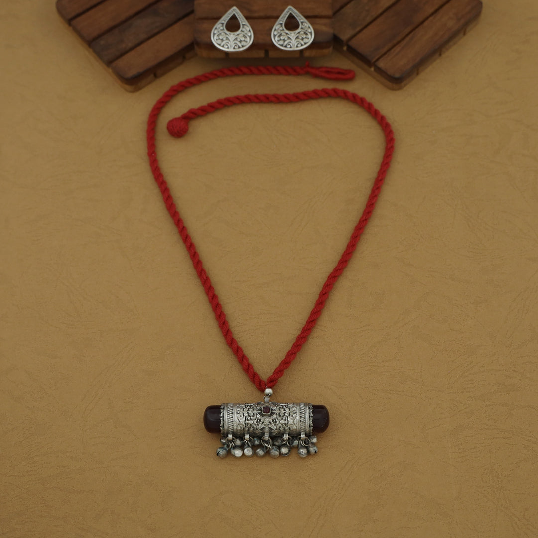 Jagvi Thread Silver Pendant Ghungroo Neckpiece With Earring