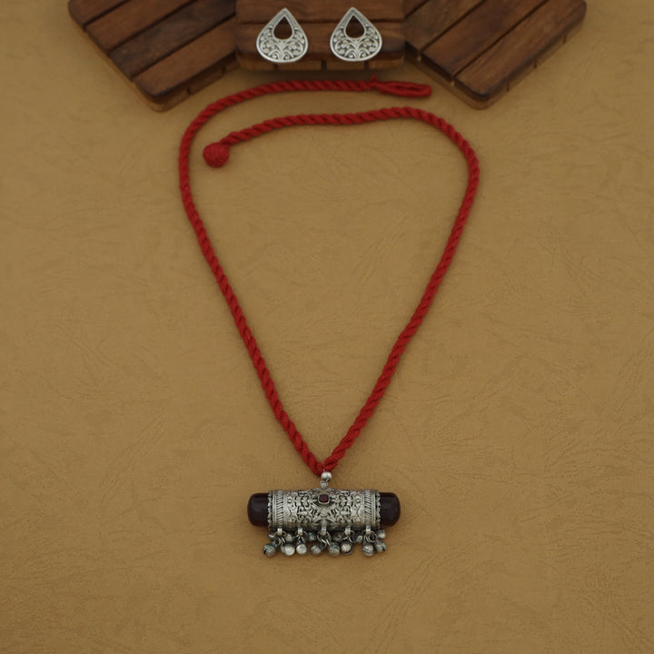 Jagvi Thread Silver Pendant Ghungroo Neckpiece With Earring