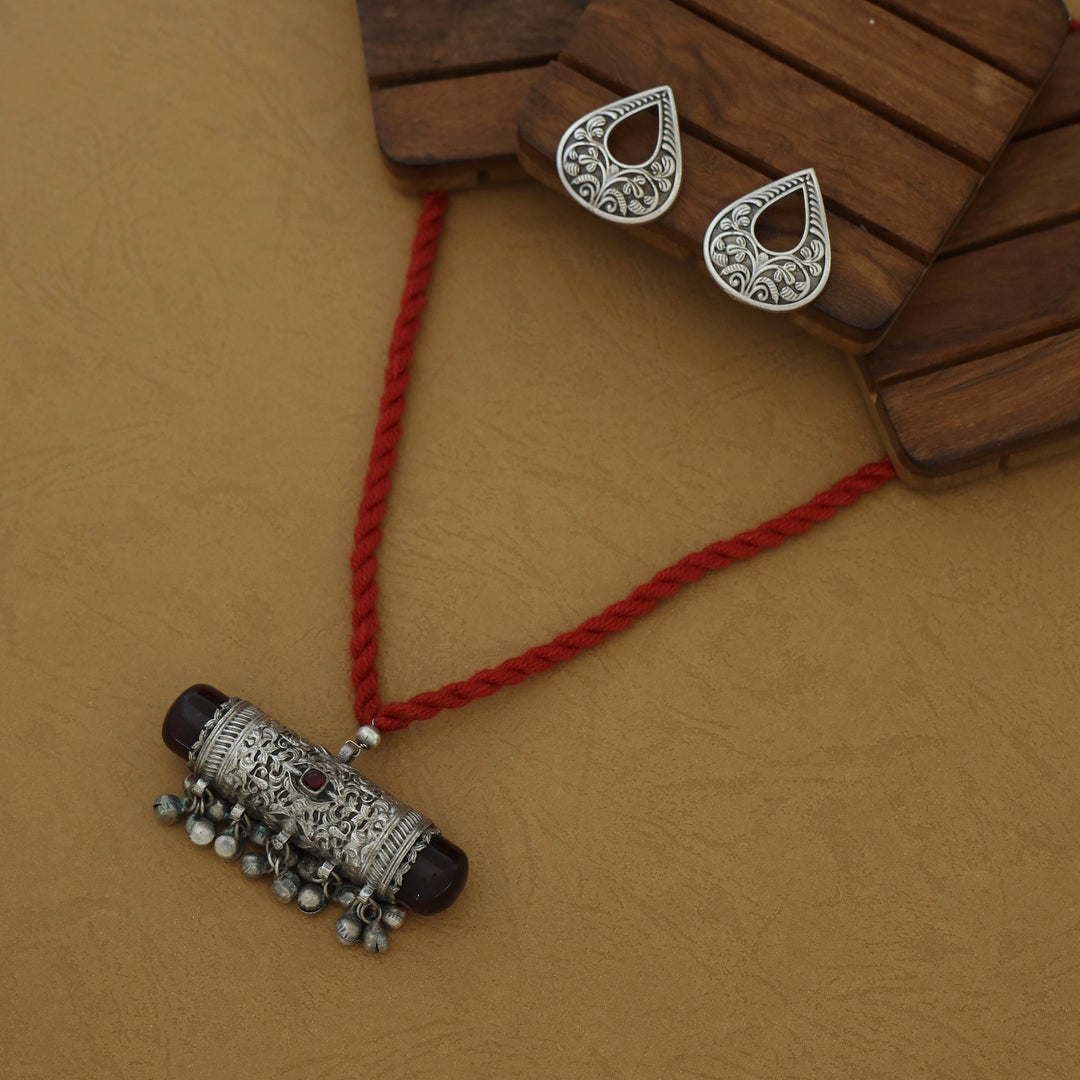 Jagvi Thread Silver Pendant Ghungroo Neckpiece With Earring