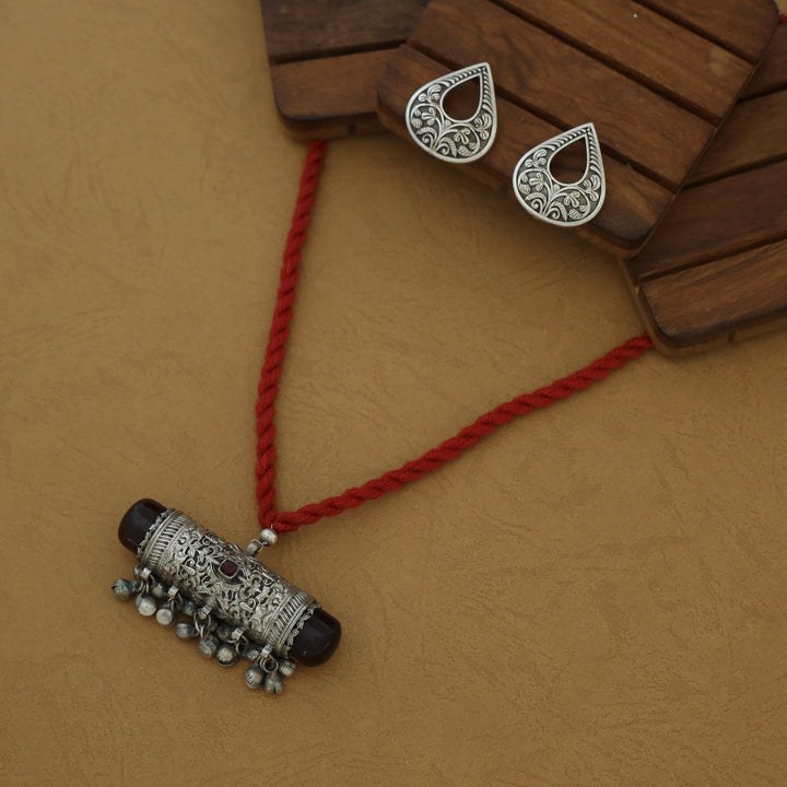 Jagvi Thread Silver Pendant Ghungroo Neckpiece With Earring