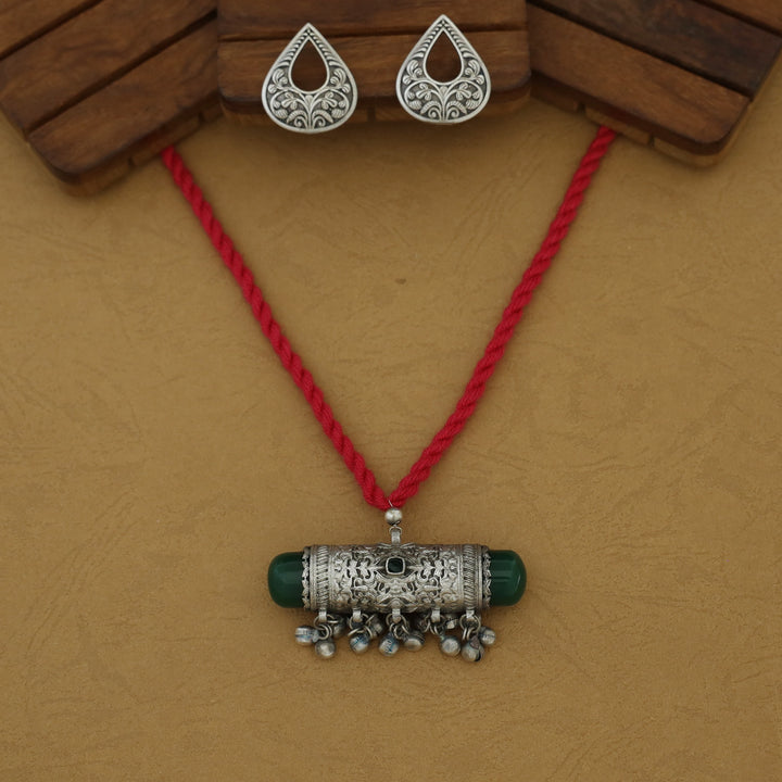 Jagvi Thread Silver Pendant Ghungroo Neckpiece With Earring