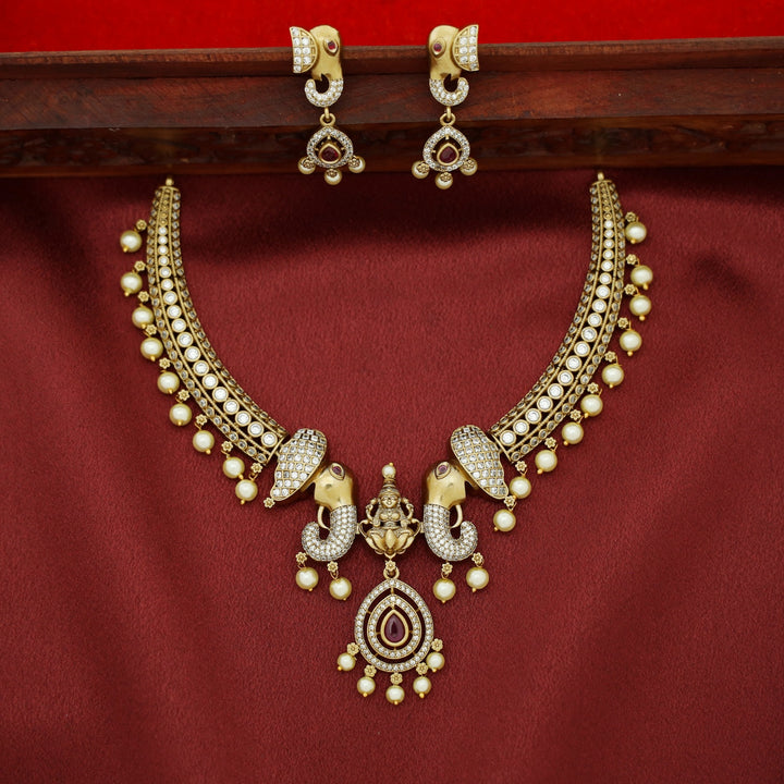 Lakshmi Airavath AD Stone Pearl Stiff Wing Neckpiece With Earring