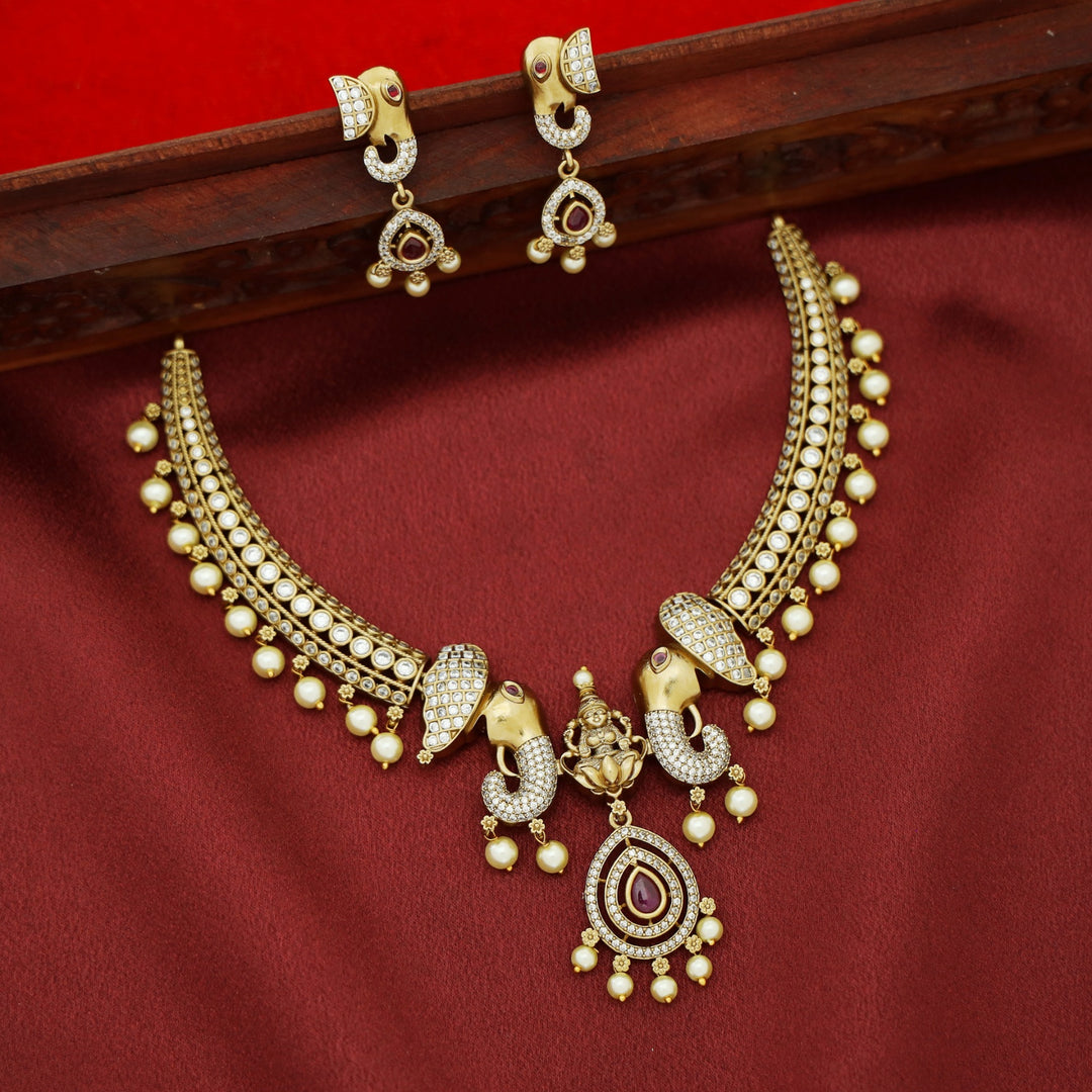 Lakshmi Airavath AD Stone Pearl Stiff Wing Neckpiece With Earring