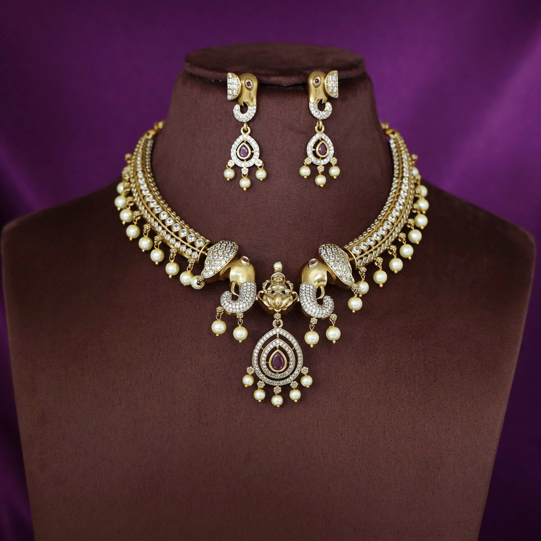 Lakshmi Airavath AD Stone Pearl Stiff Wing Neckpiece With Earring