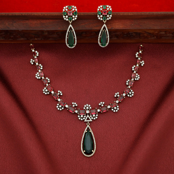 Arunika AD Stone Rectangle Drop Glossy Short Neckpiece With Earring