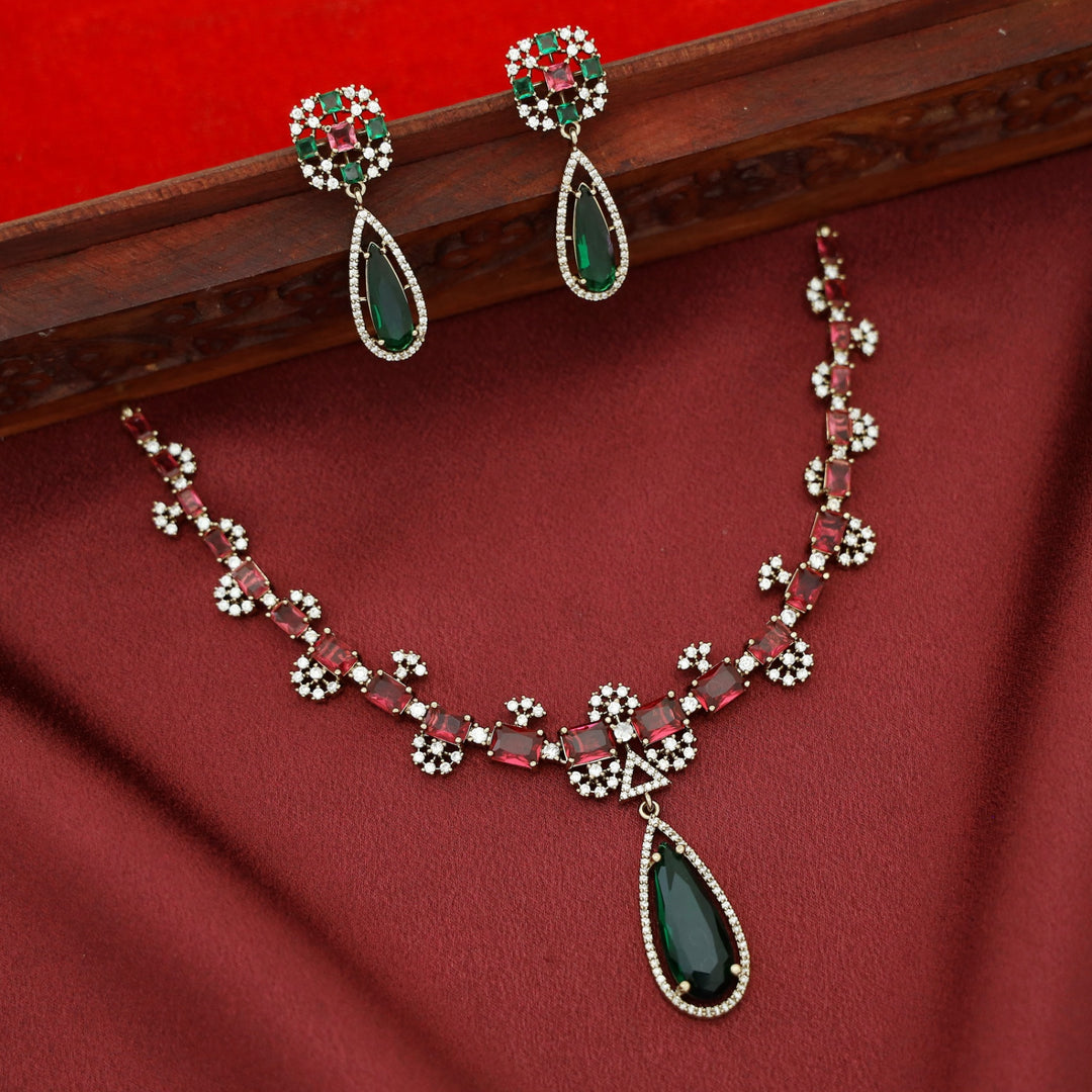 Arunika AD Stone Rectangle Drop Glossy Short Neckpiece With Earring