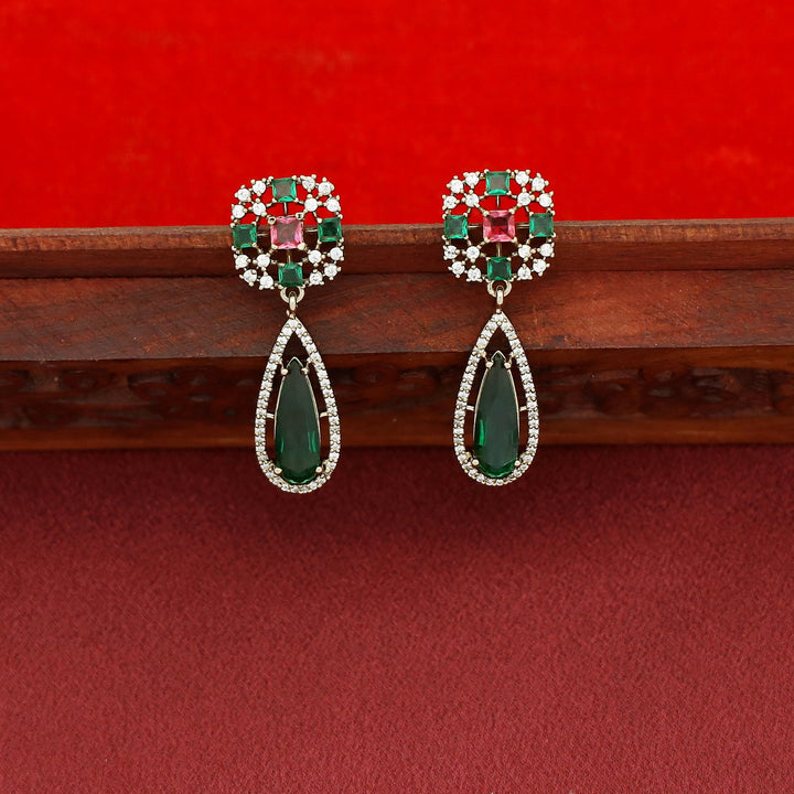 Arunika AD Stone Rectangle Drop Glossy Short Neckpiece With Earring