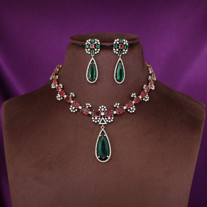 Arunika AD Stone Rectangle Drop Glossy Short Neckpiece With Earring