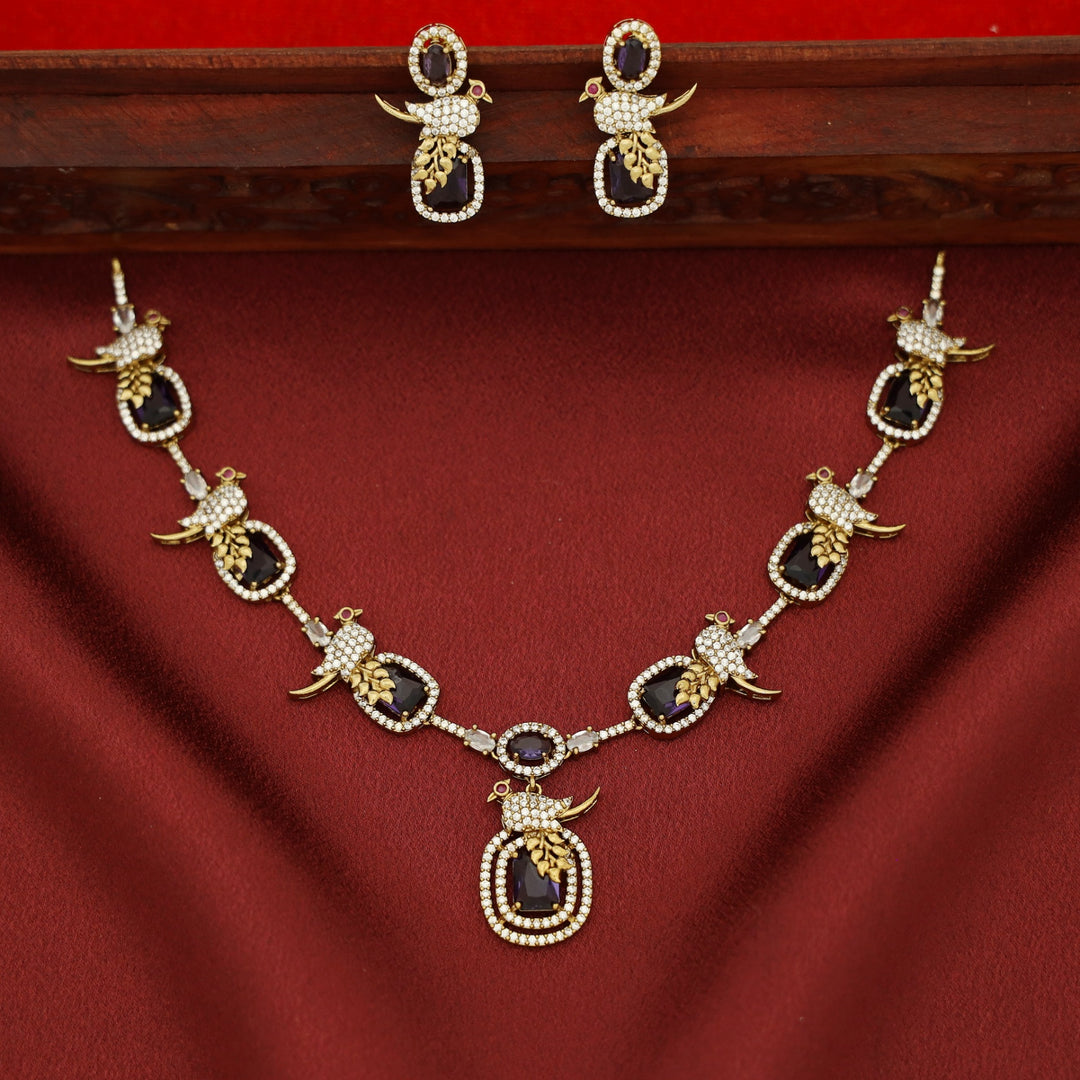 Anjana AD Stone Bird Glossy Rectangle Short Neckpiece With Earring