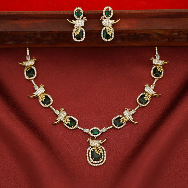 Anjana AD Stone Bird Glossy Rectangle Short Neckpiece With Earring