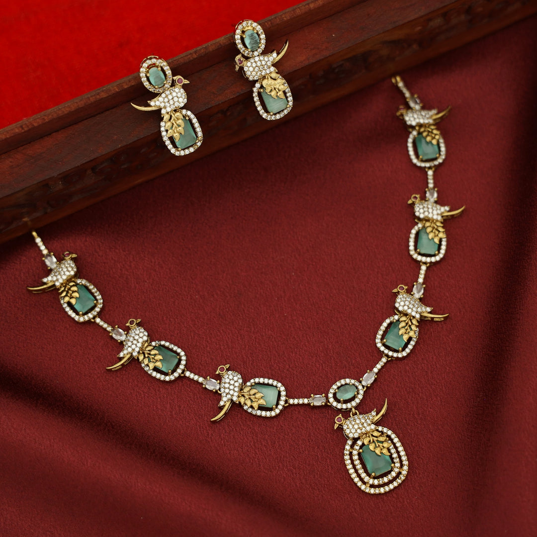 Anjana AD Stone Bird Glossy Rectangle Short Neckpiece With Earring