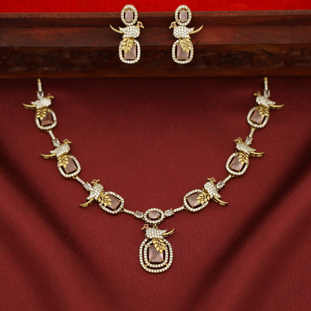 Anjana AD Stone Bird Glossy Rectangle Short Neckpiece With Earring